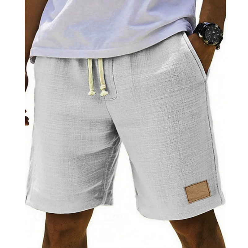 Light grey linen-blend shorts with drawstring waist and leather patch detail