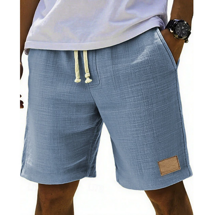 Dusty blue linen-blend summer shorts with drawstring fastening