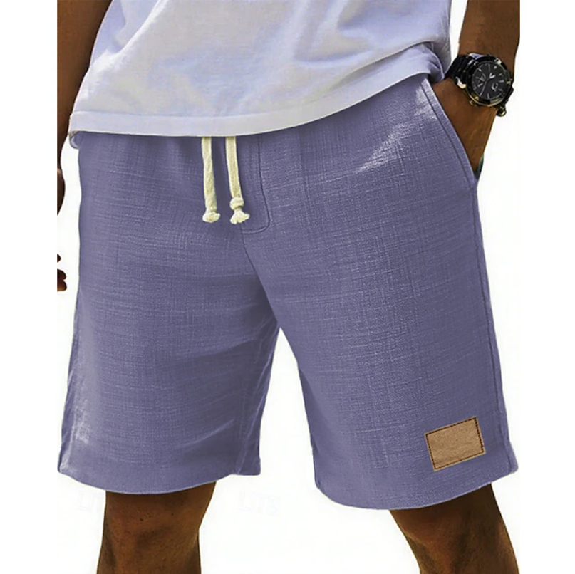 Lavender grey linen shorts with cream drawstring waist detail