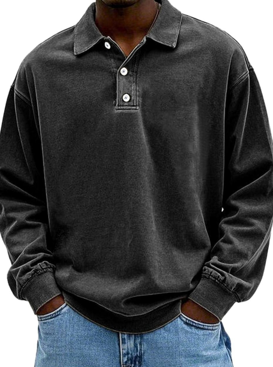 Charcoal long-sleeve polo shirt with buttoned collar and baggy sleeves