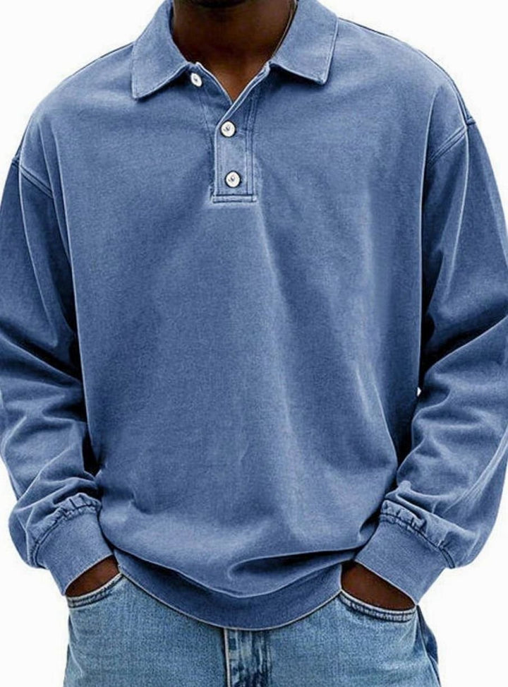 Blue long-sleeve polo shirt with washed finish and dropped shoulders