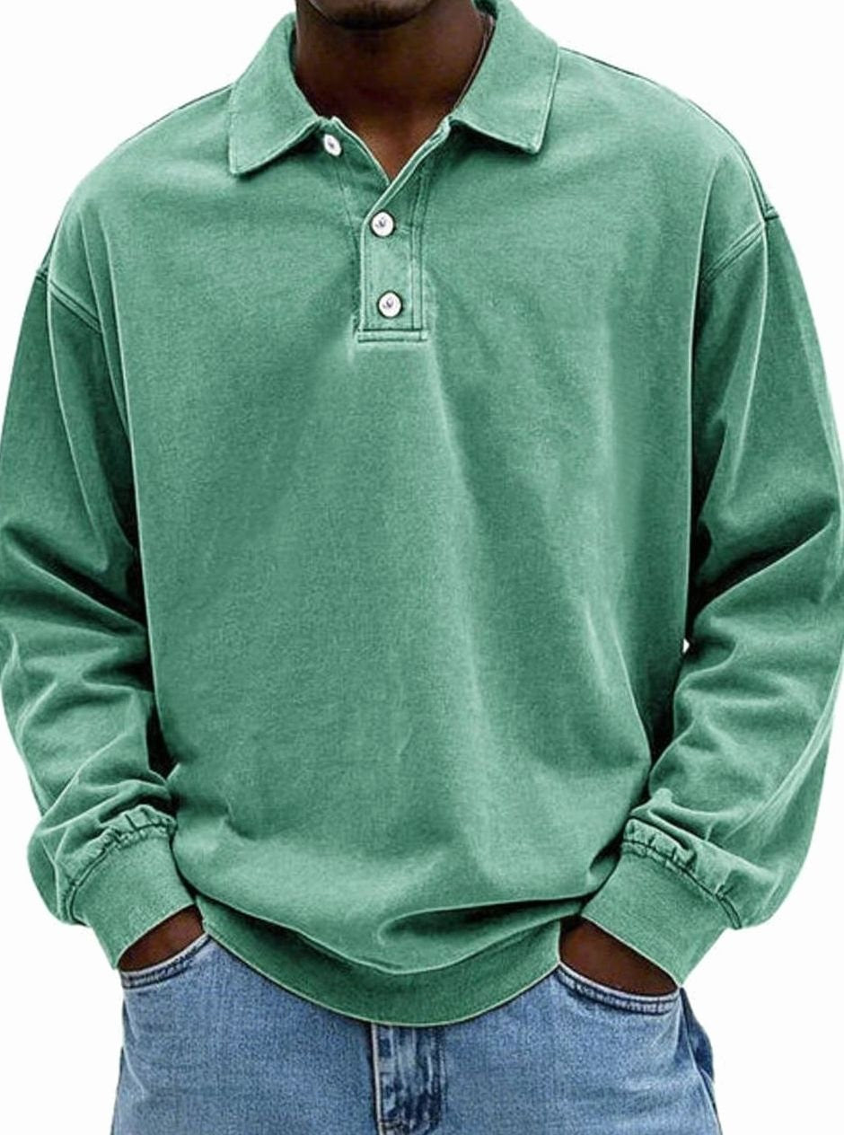 Green long-sleeve polo shirt with vintage-style faded cotton fabric