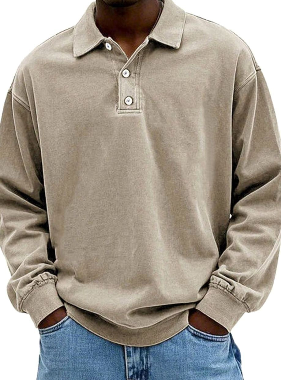 Beige long-sleeve polo shirt with two-button placket and loose fit