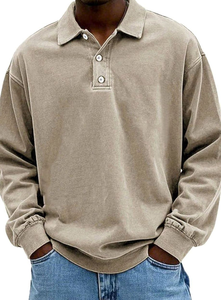 Beige long-sleeve polo shirt with two-button placket and loose fit