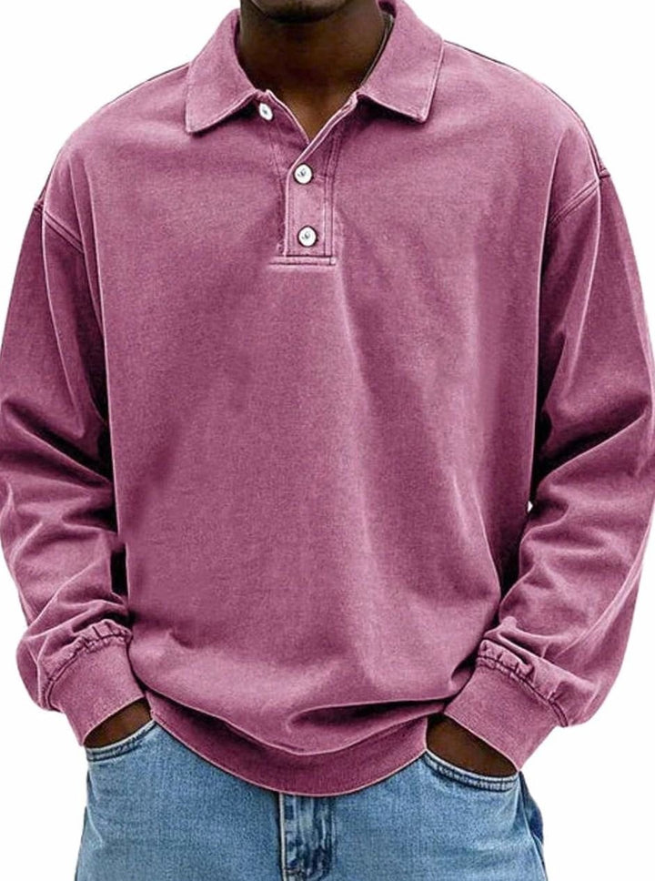 Dusty pink long-sleeve polo shirt with faded vintage wash finish