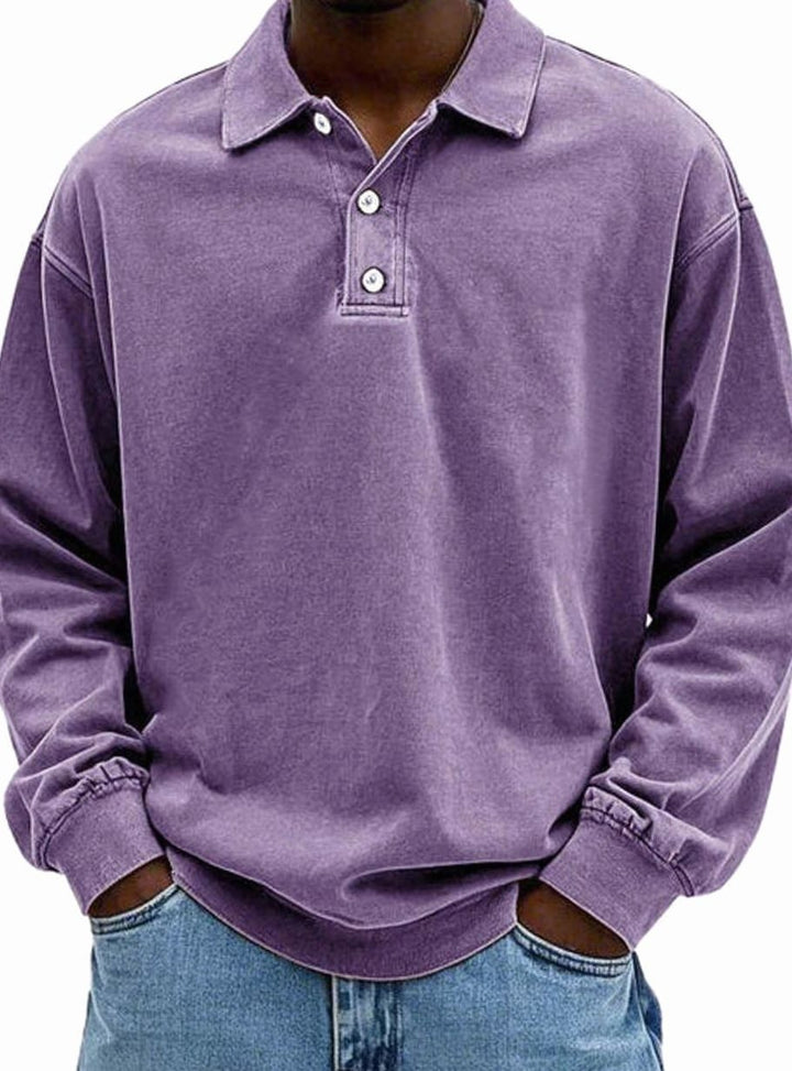 Purple long-sleeve polo shirt with relaxed fit and buttoned collar