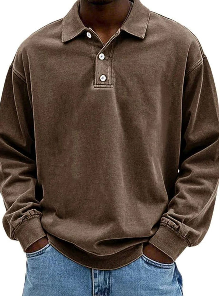 Brown long-sleeve polo shirt with worn-in vintage cotton texture