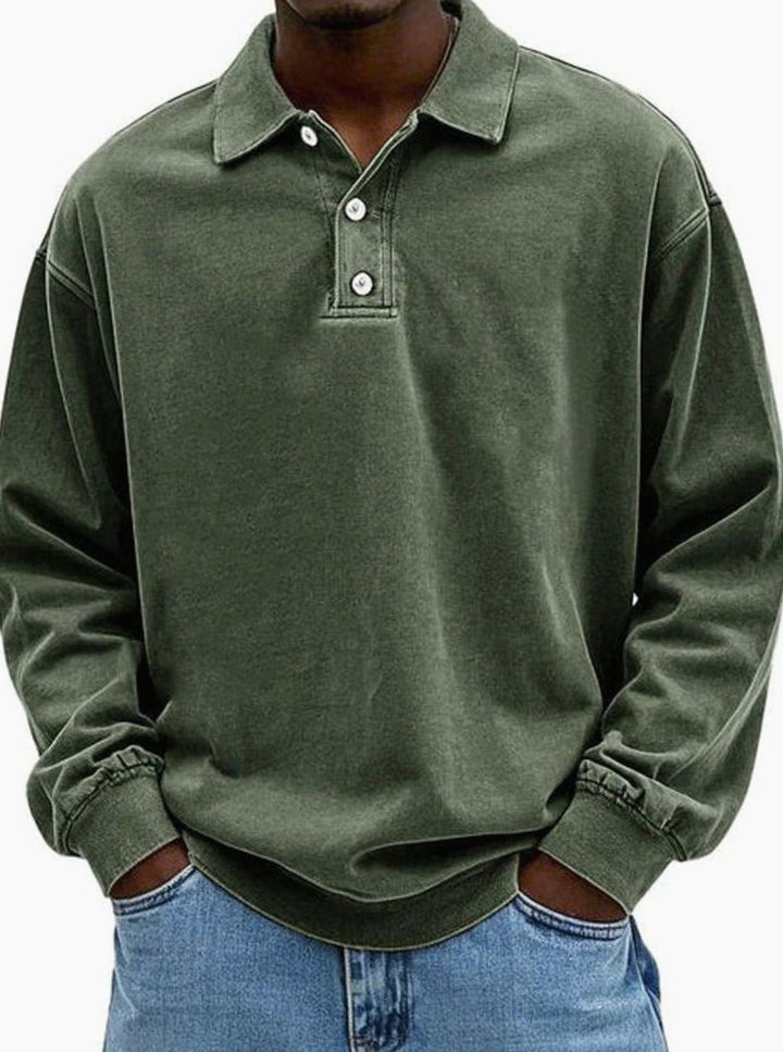 Olive green long-sleeve polo shirt with oversized relaxed silhouette