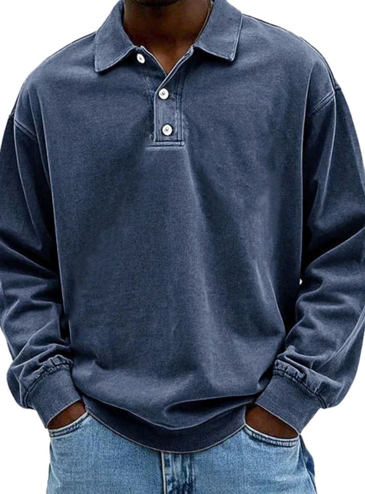 Navy long-sleeve polo shirt with washed denim-like faded shade