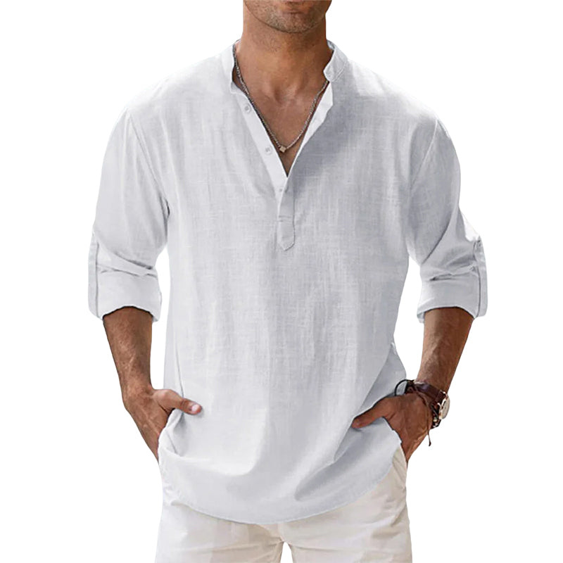 White linen-blend grandad collar shirt with roll-up long sleeves for men