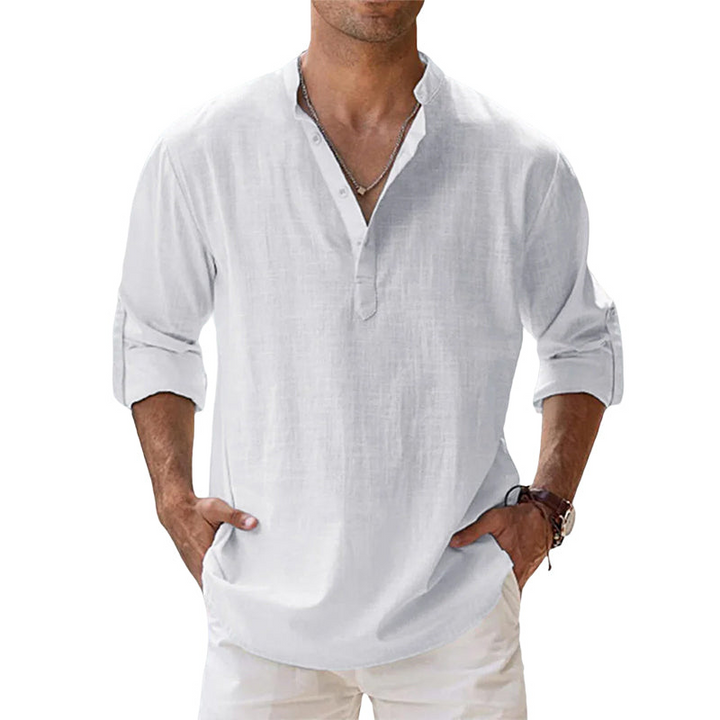 White linen-blend grandad collar shirt with roll-up long sleeves for men