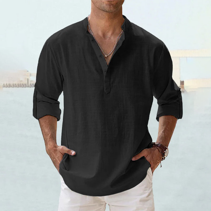 Black linen-style Henley shirt with buttoned collar and rolled sleeves
