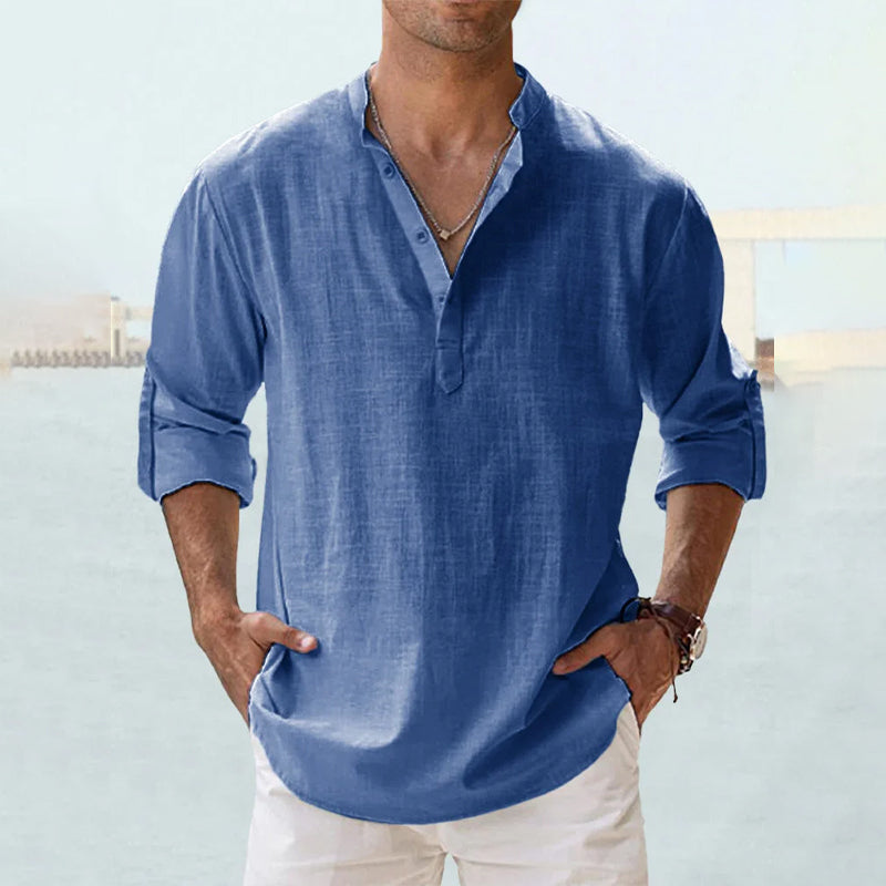 Denim blue casual grandad collar shirt with vintage linen texture
