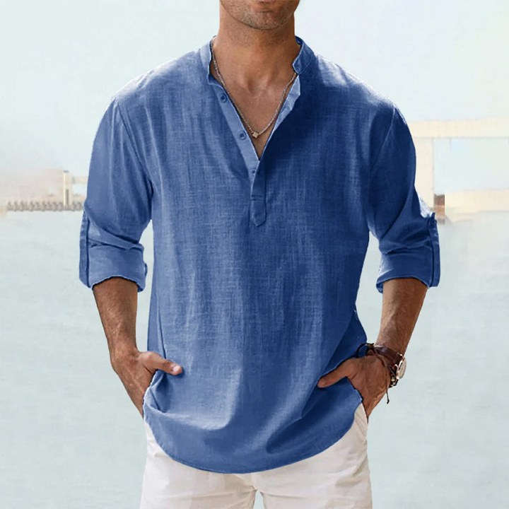 Denim blue casual grandad collar shirt with vintage linen texture