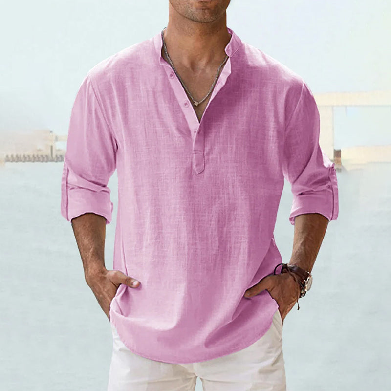 Pink casual grandad collar shirt in lightweight linen-blend fabric