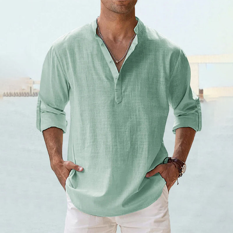 Sage green Henley shirt with vintage collar and long sleeves