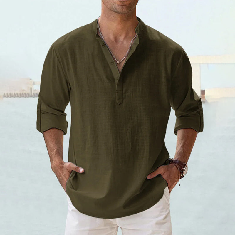 Khaki green linen-style grandad collar shirt with rolled sleeves