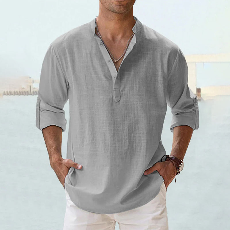 Grey casual Henley shirt with buttoned collar and vintage styling