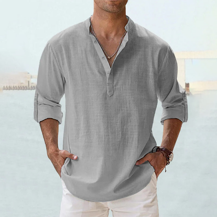Grey casual Henley shirt with buttoned collar and vintage styling