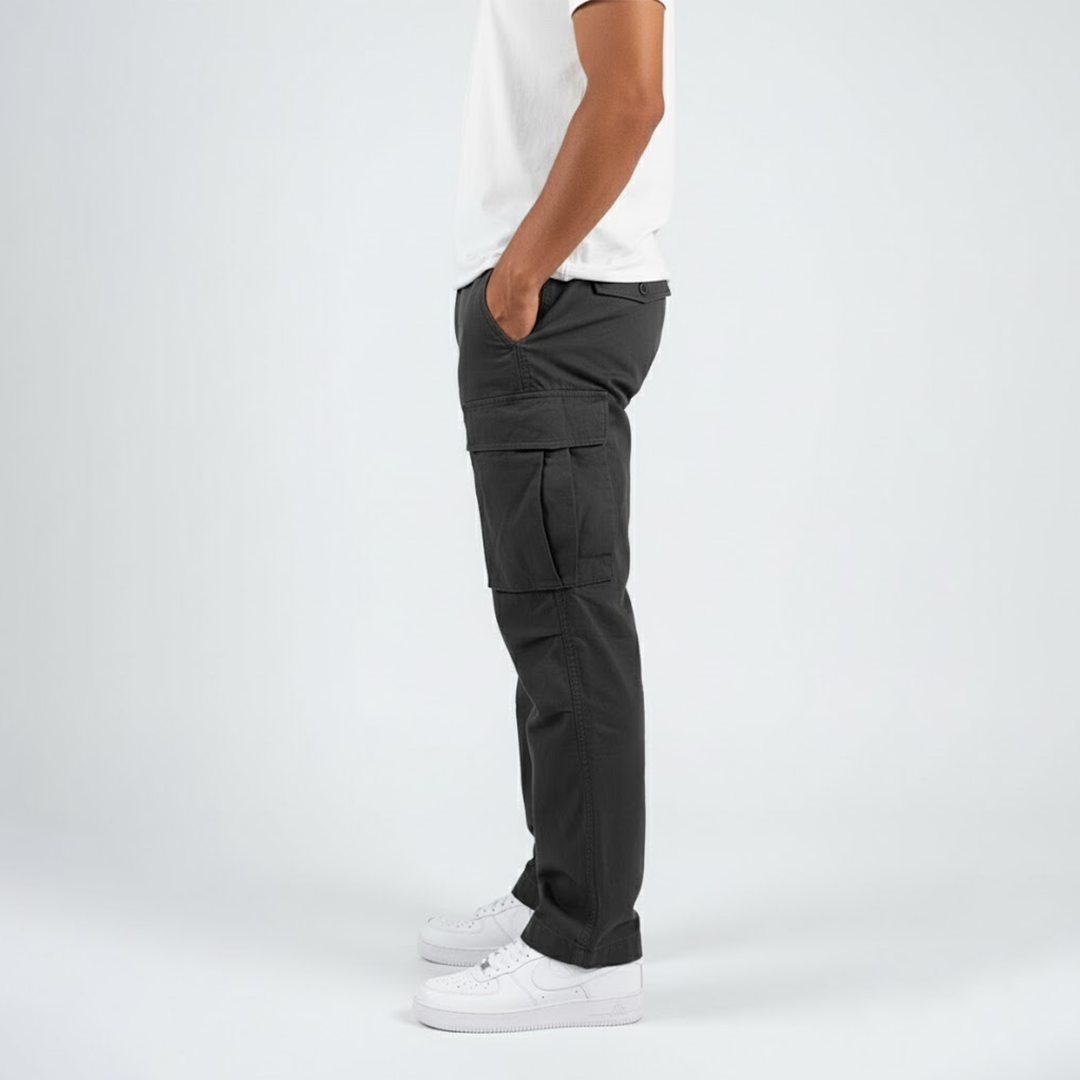 Side view of black relaxed fit cargo trousers with side pocket detail