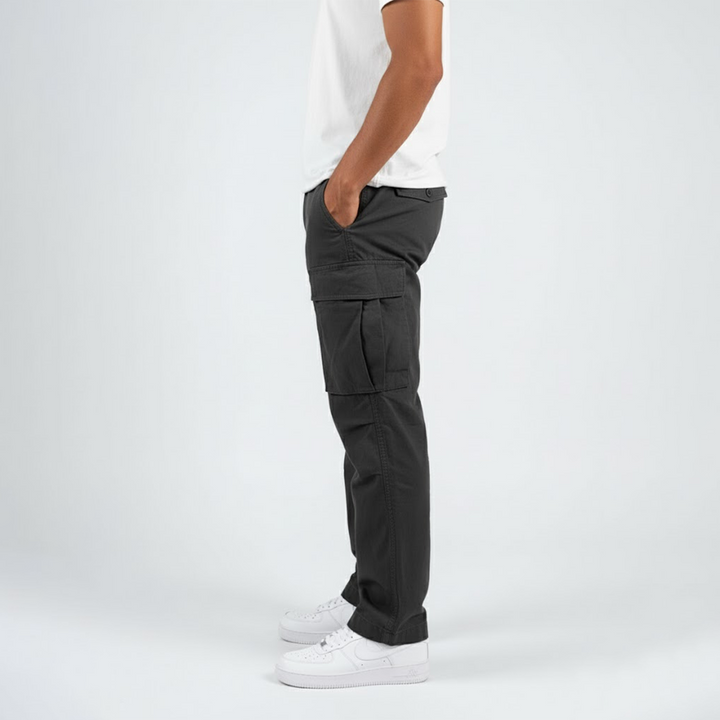 Side view of black relaxed fit cargo trousers with side pocket detail