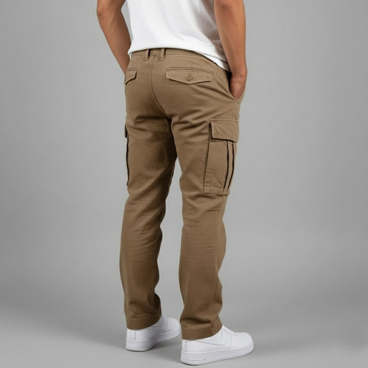 Rear view of khaki cargo trousers highlighting back pocket stitching