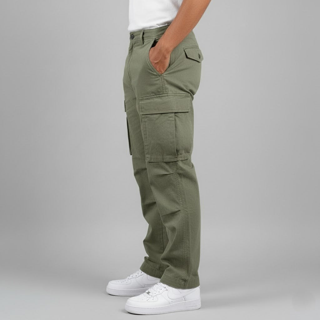 Side angle of olive green relaxed fit cargo trousers with side pocket