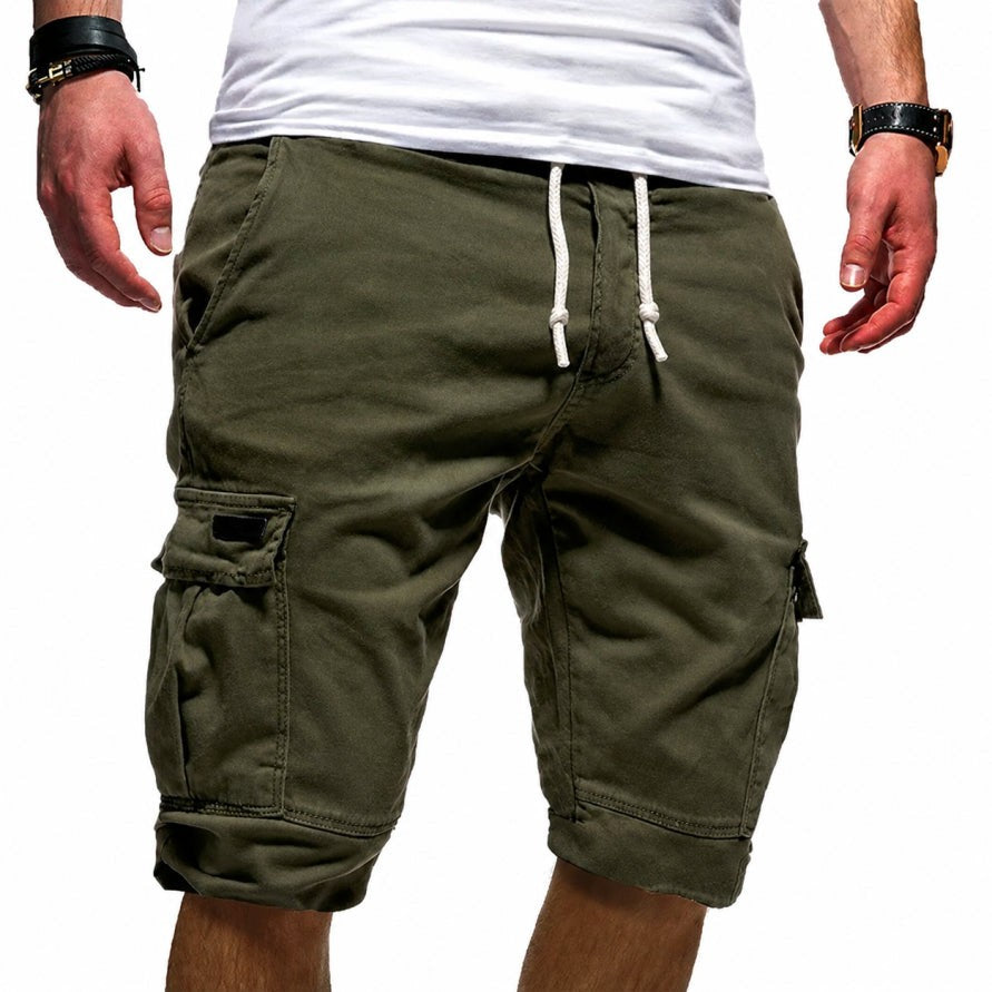 khaki green cargo shorts with drawstring waist and side pocket detailing