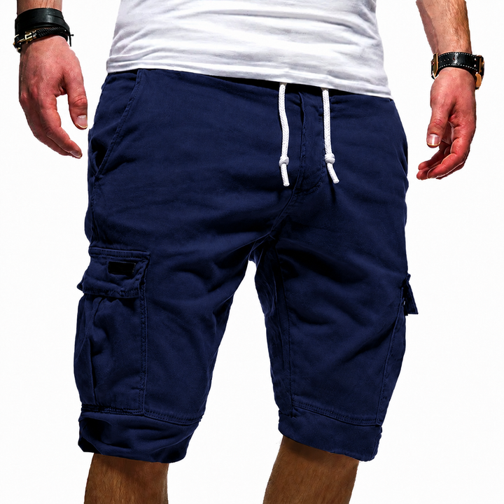 navy blue cargo shorts with white drawstring and buttoned side pocket