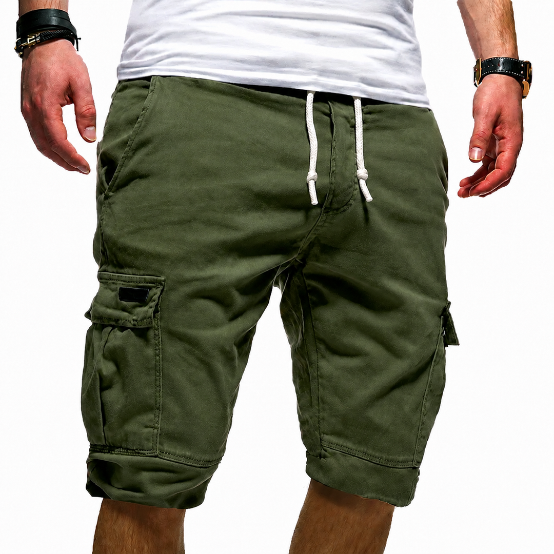 olive green cargo shorts showing textured fabric and cargo pockets