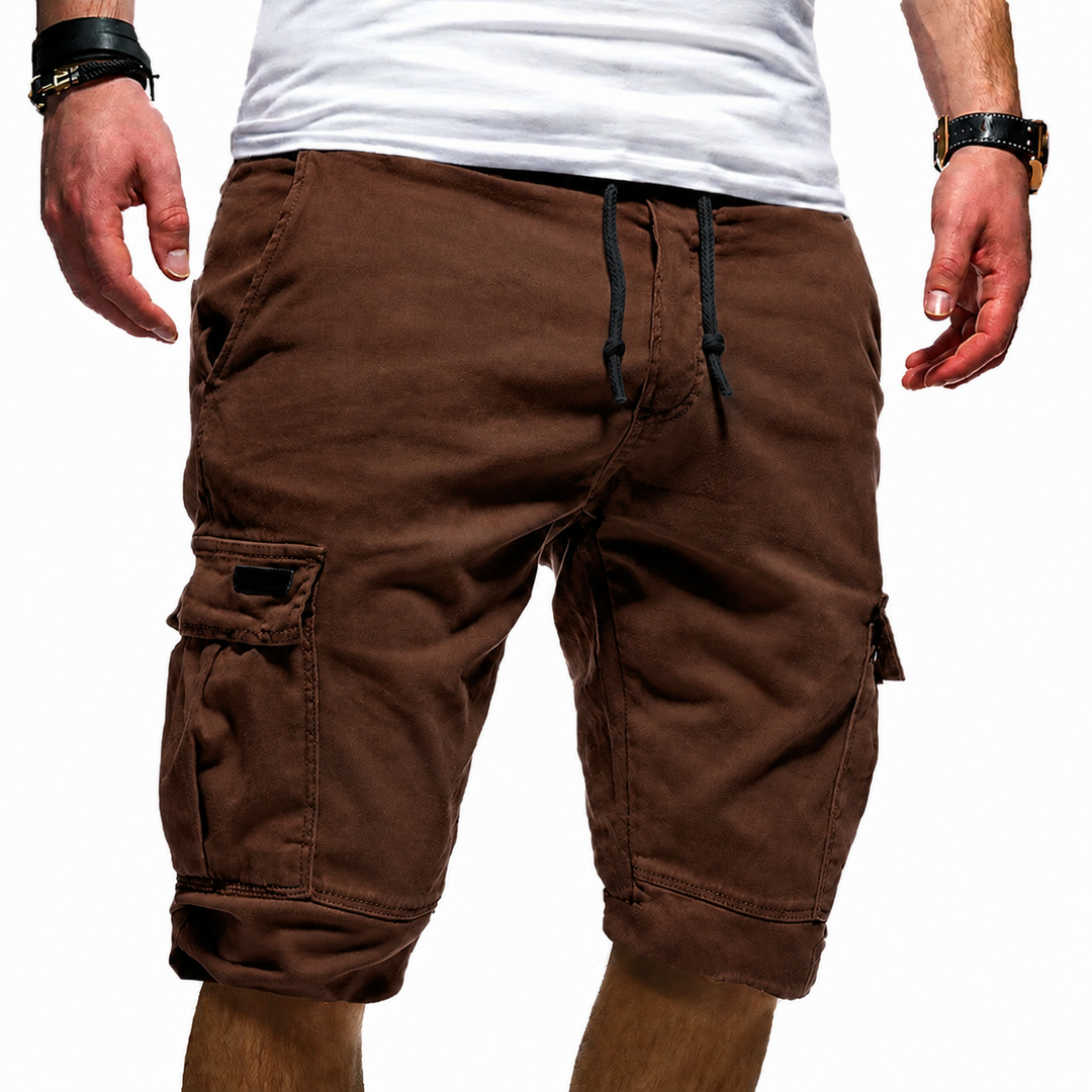 brown cargo shorts with dark drawstring cord and rolled hem finish