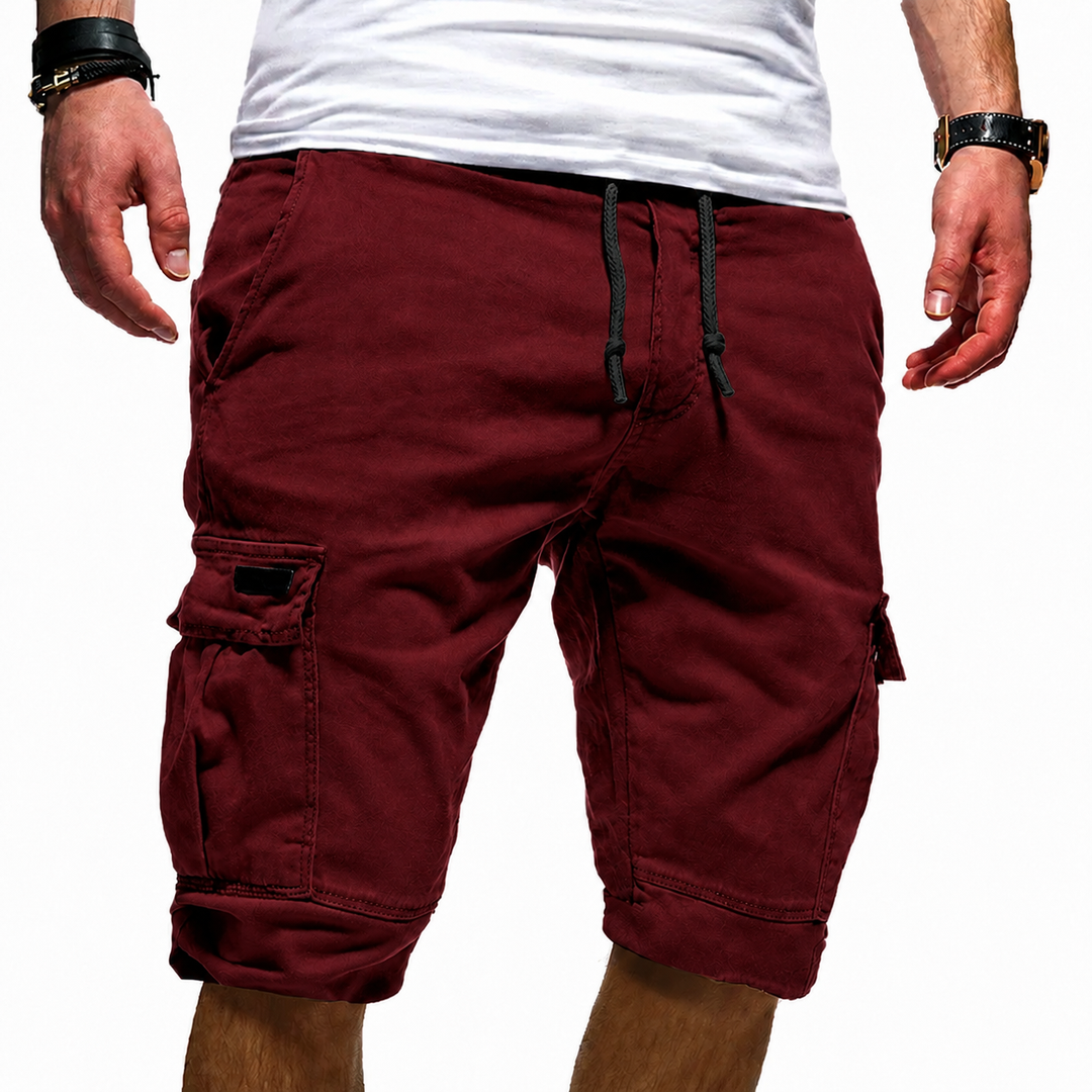 burgundy cargo shorts featuring dark drawstring and side cargo pocket
