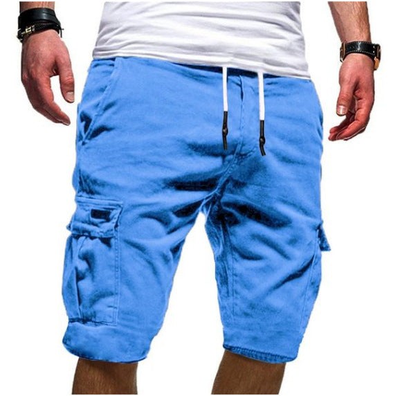 sky blue cargo shorts with white drawstring and turned-up cuffs