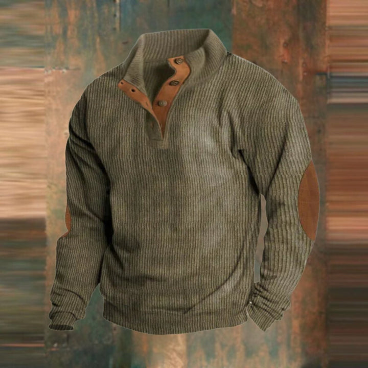 Olive green ribbed knit quarter-zip jumper with suede elbow patches