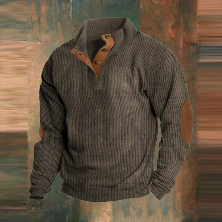 Charcoal grey ribbed knit pullover with buttoned collar and elbow patches