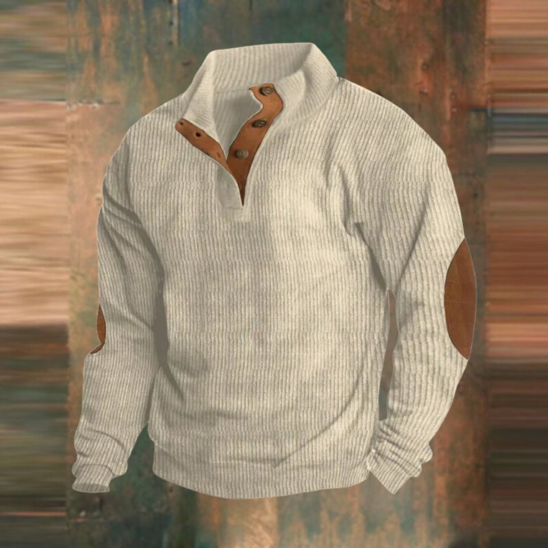 Cream ribbed knit quarter-zip jumper with leather button placket detail