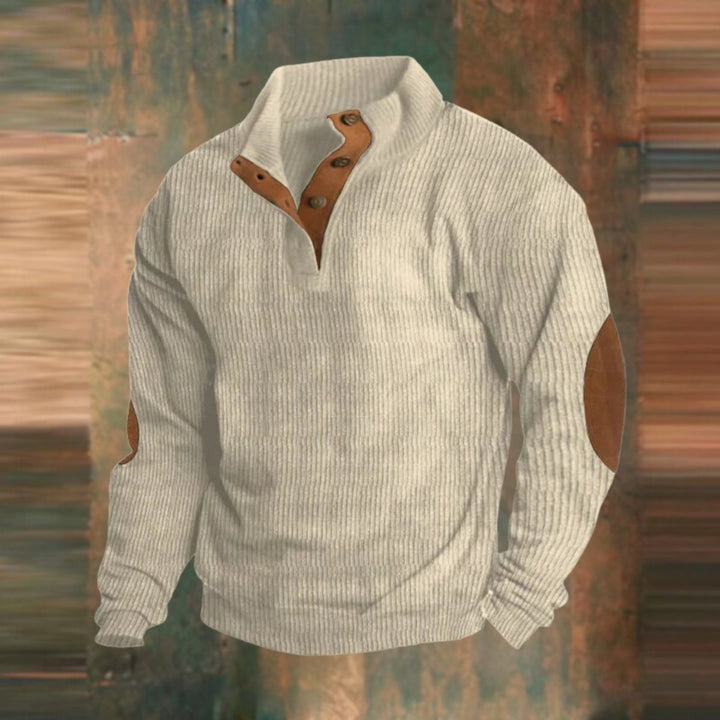 Cream ribbed knit quarter-zip jumper with leather button placket detail