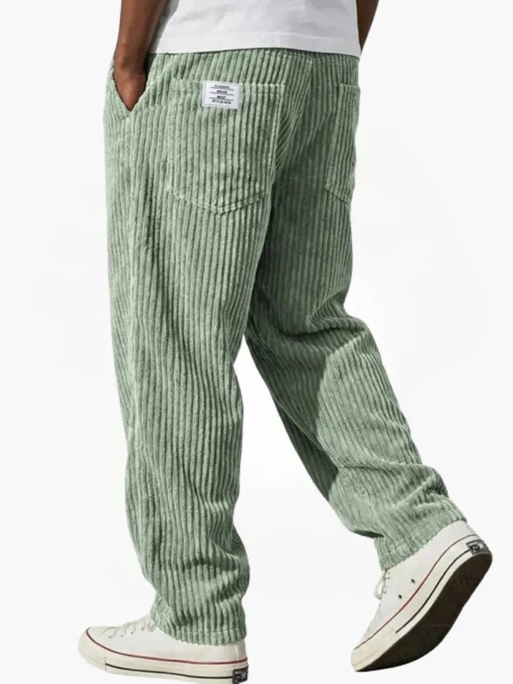 Sage green corduroy trousers, wide-leg cut with visible cord texture