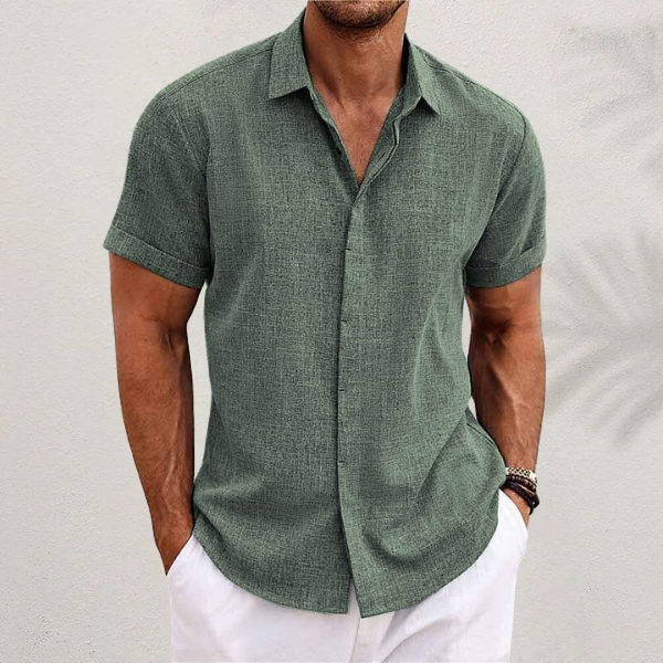 Sage green linen-look short-sleeve shirt with classic collar and button front
