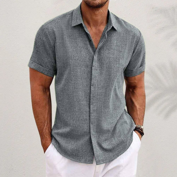 Grey linen-style short-sleeve shirt with classic collared neckline and buttons