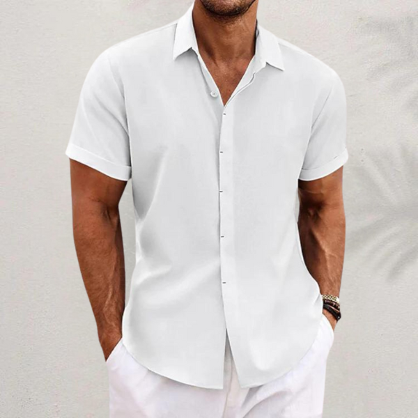 White short-sleeve button-up shirt with classic collar and smart tailored fit