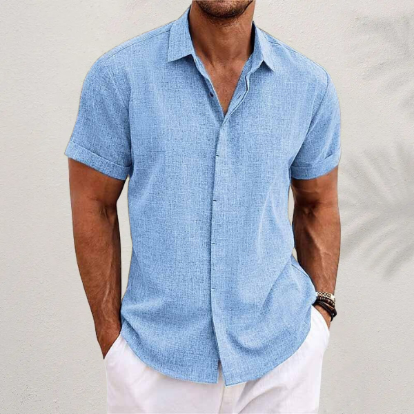 Sky blue linen-look short-sleeve shirt with classic collar and button front