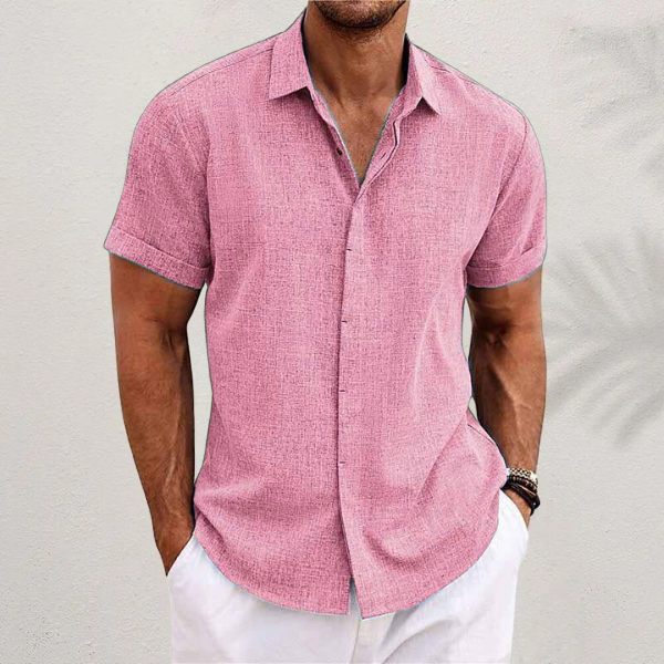 Dusky pink textured short-sleeve shirt with classic collar and button-up front