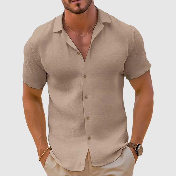 Beige short-sleeve linen-look shirt with button-up front and collar