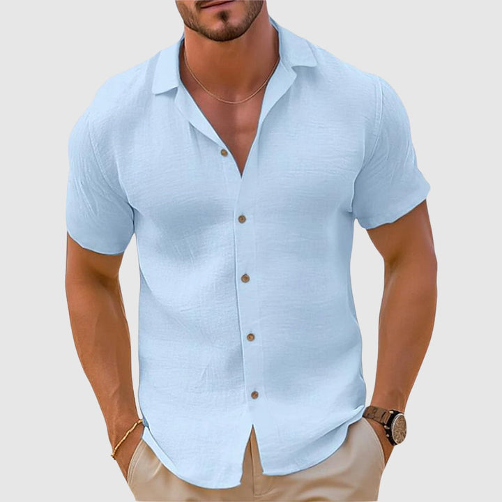 Pale blue short-sleeve linen-style shirt with button-up front