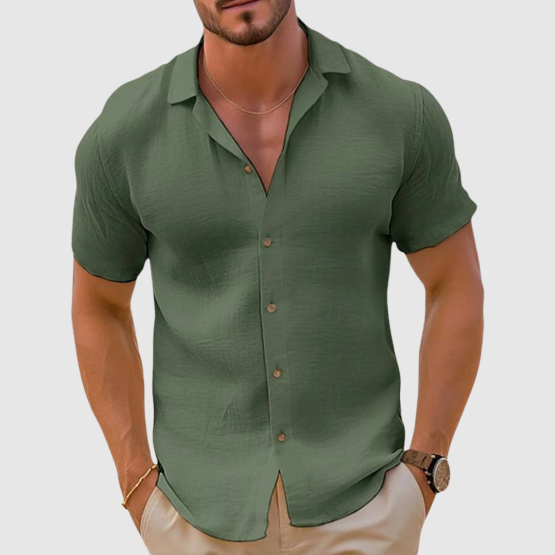 Khaki green short-sleeve button-up shirt with relaxed casual fit