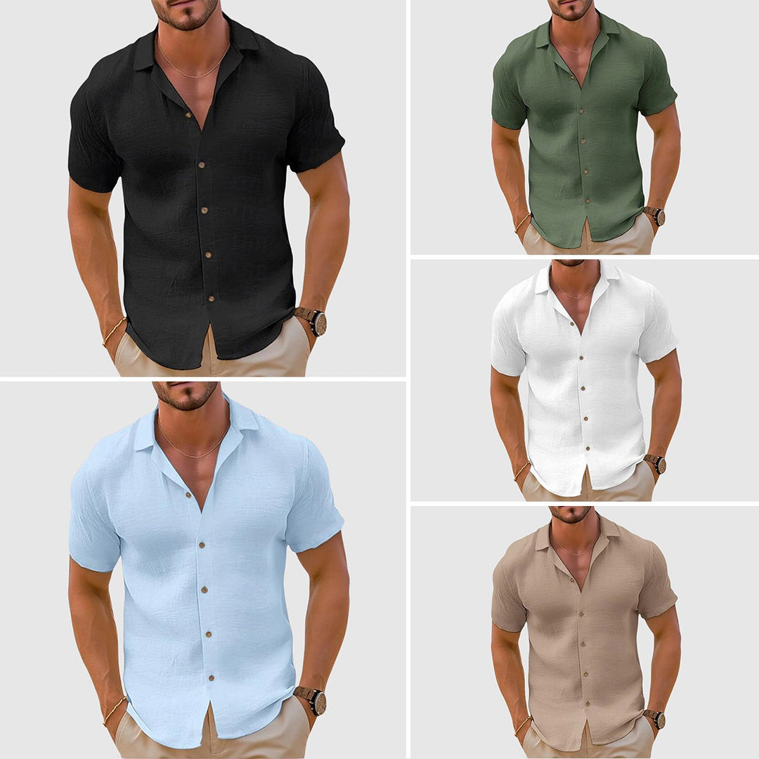 Men's short-sleeve button-up shirts shown in five colourways