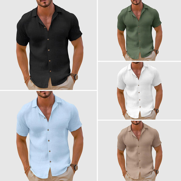 Men's short-sleeve button-up shirts shown in five colourways