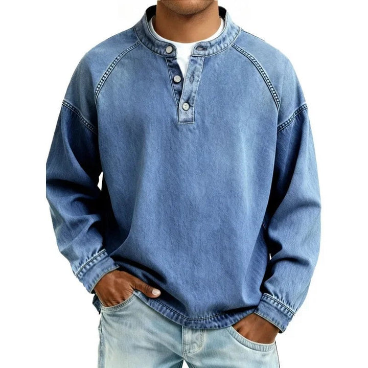 Men's blue denim henley shirt with stand collar and raglan sleeves