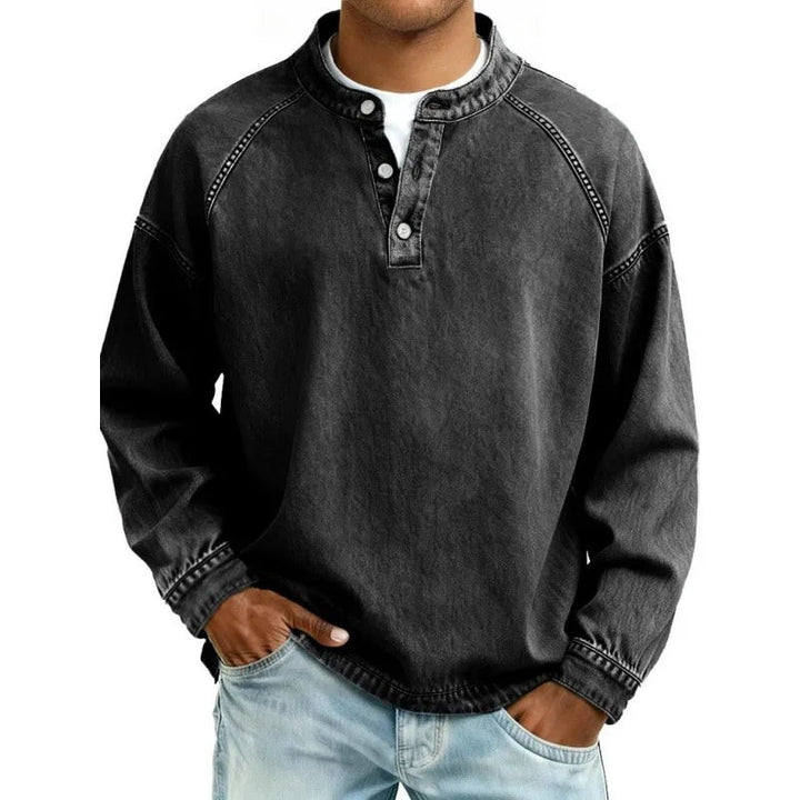 Charcoal grey vintage-wash denim henley with button placket detail